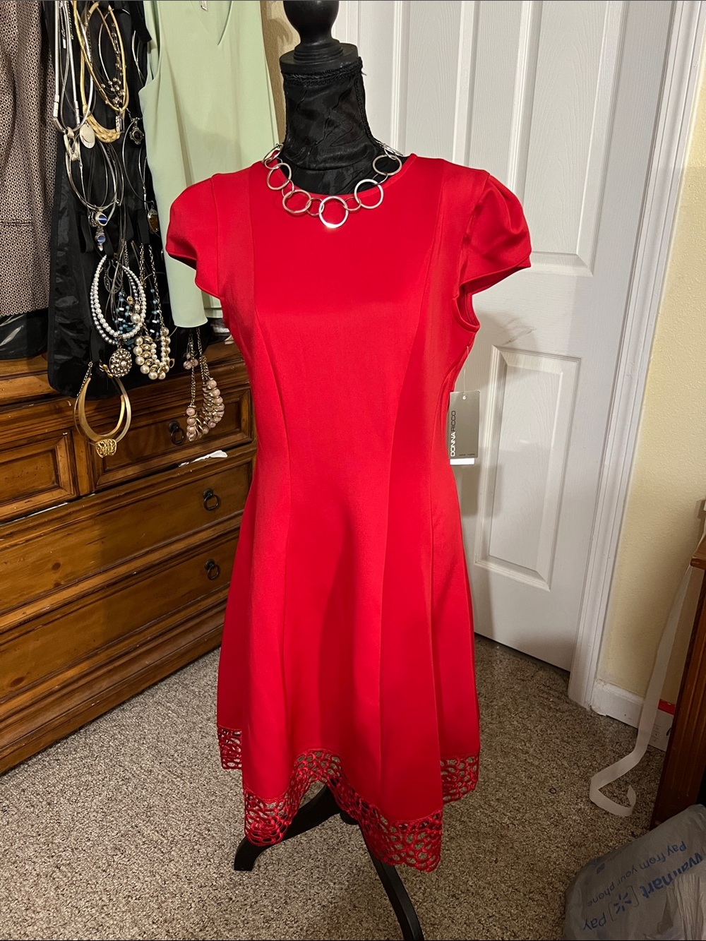 Donna Ricco Red Fit-and-Flare Midi Dress with Lace Hem
